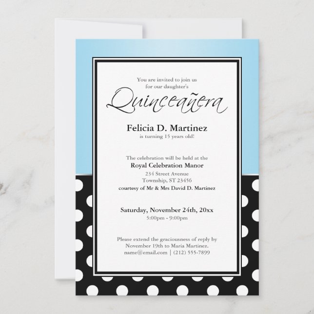 Royal Black Polka Dot Blue Quinceañera Invitations (Devant)