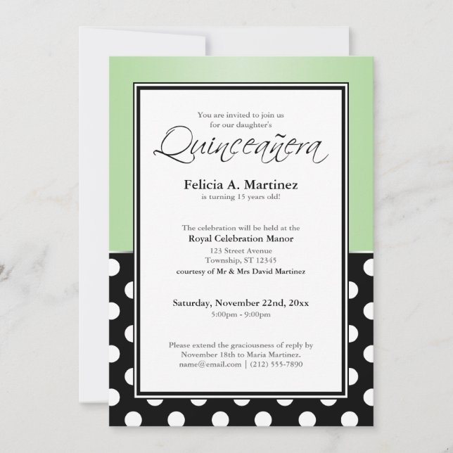 Royal Black Polka Dot Green Quinceañera Invitation (Devant)