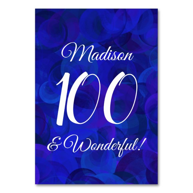 Royal Blue 100 and Wonderful Birthday Party Table Number (Front)