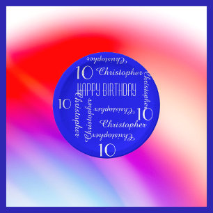 Royal Blue 10th Birthday Party Repeating Names Paper Plate