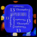 Royal Blue 13th Birthday Party Repeat Name Square Paper Plate<br><div class="desc">CHOOSE YOUR COLOR and create your own stylish, personalized paper plate for a 13th birthday party or any other occasion. Name and Age repeats in white. This style defaults to a bright blue background, but you can easily select a different background colour. You be the designer! Easy to personalize -...</div>