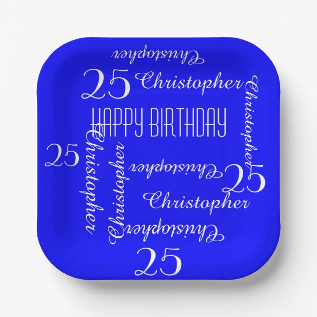 Royal Blue 25th Birthday Party Repeating Names Paper Plate (Front)
