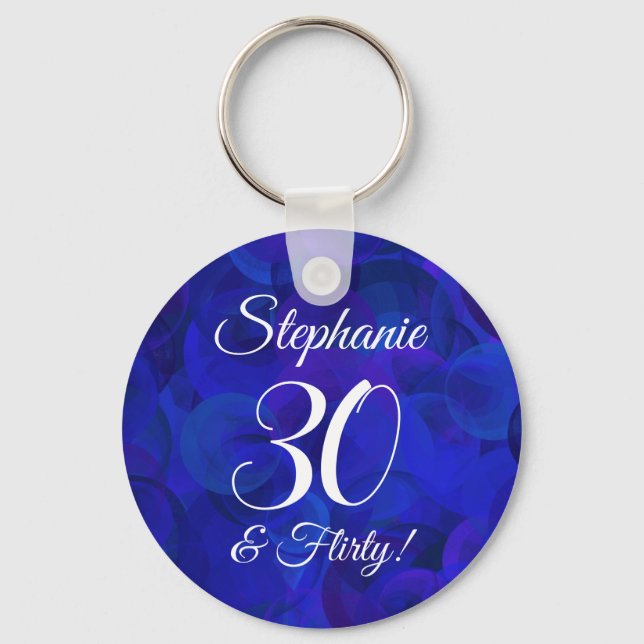 Royal Blue 30 and Flirty Birthday Party Favour Keychain (Front)