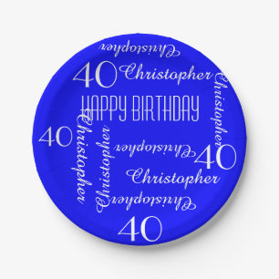 Royal Blue 40th Birthday Party Repeating Names Paper Plate
