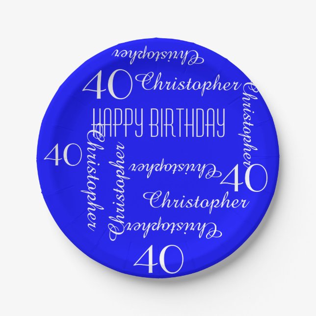 Royal Blue 40th Birthday Party Repeating Names Paper Plate (Front)