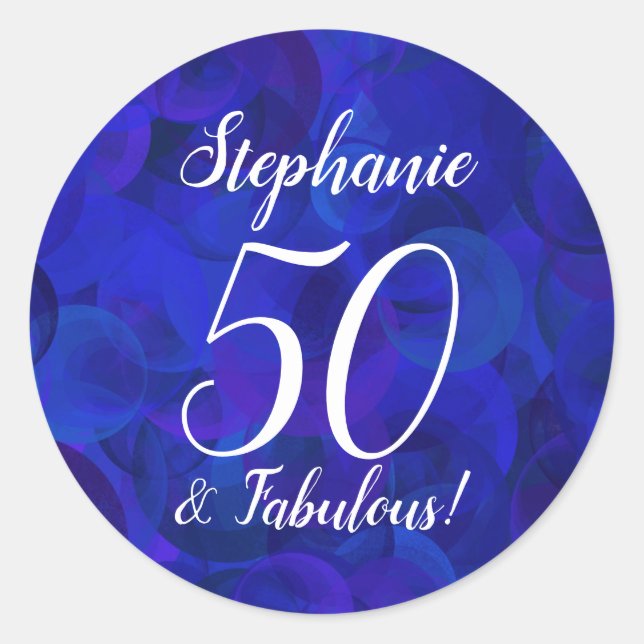 Royal Blue 50 and Fabulous Birthday Favour Classic Round Sticker (Front)