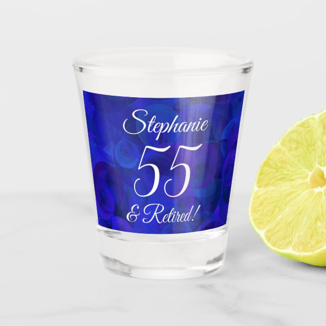 Royal Blue 55 and Retired Retirement Shot Glass (Front)