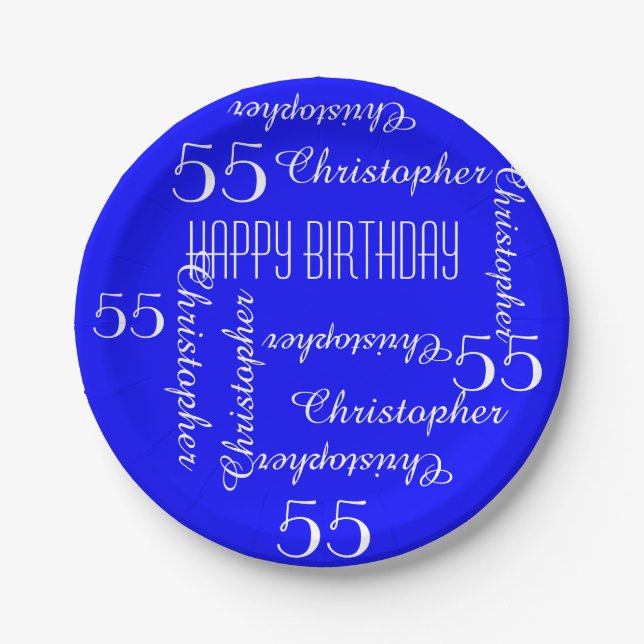 Royal Blue 55th Birthday Party Repeating Names Paper Plate (Front)
