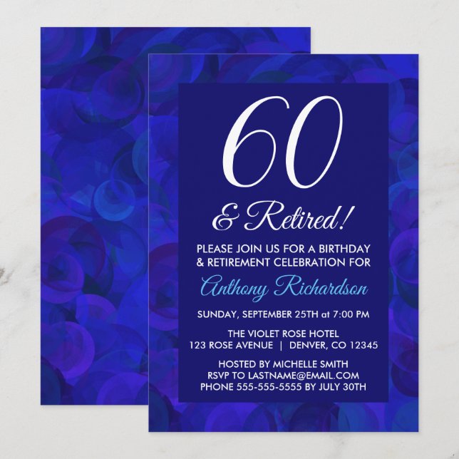 Royal Blue 60 and Retired Retirement Party Invitation (Front/Back)