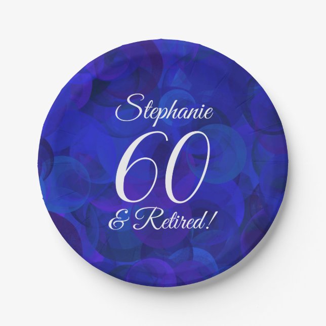 Royal Blue 60 and Retired Retirement Party Paper Plate (Front)