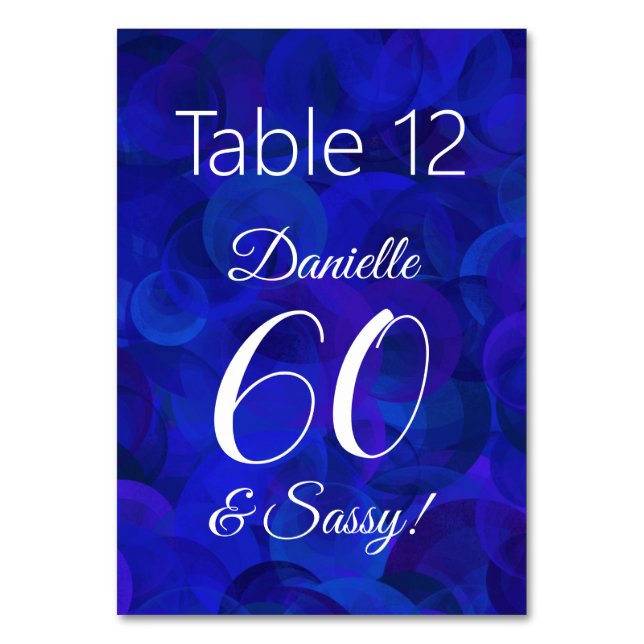 Royal Blue 60 and Sassy Birthday Party Name Table Number (Front)