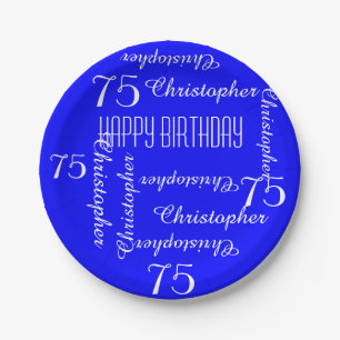 Royal Blue 75th Birthday Party Repeating Names Paper Plate