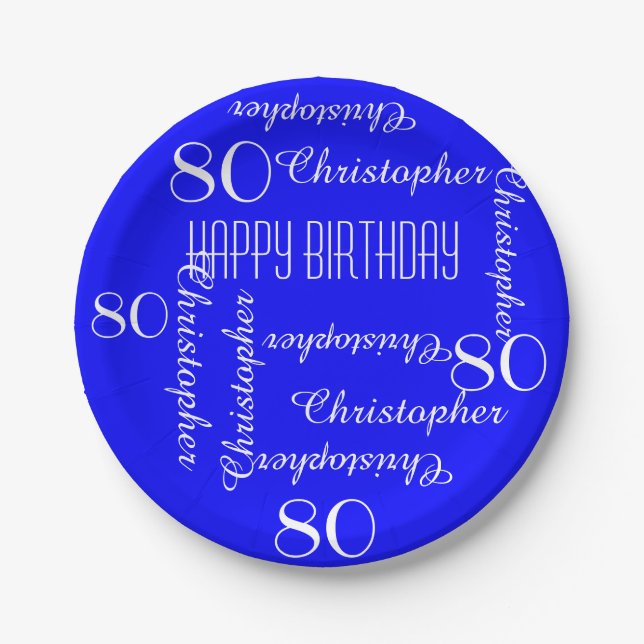 Royal Blue 80th Birthday Party Repeating Names Paper Plate (Front)