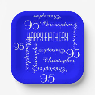 Royal Blue 95th Birthday Party Repeat Name Square Paper Plate
