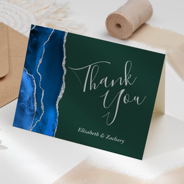 Royal Blue Agate Silver Green Wedding Thank You Card (Creator Uploaded)