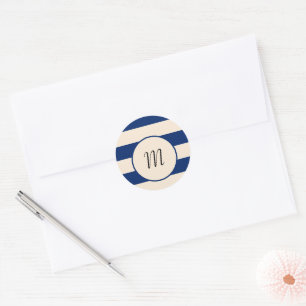 Royal Blue and Antique White Stripes Classic Round Sticker