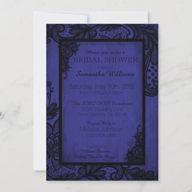 Royal Blue and Black Lace Gothic Bridal Shower Invitation (Front)