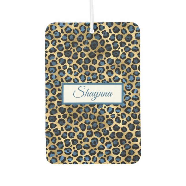 Royal Blue And Black Leopard Spots on Gold Air Freshener (Front)