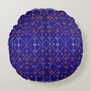 Royal Blue and Bronze Celestial Tribal Kilim Round Pillow