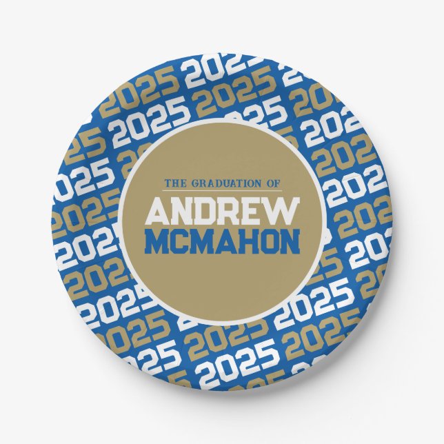 Royal Blue and Bronze Gold Personalized Graduation Paper Plate (Front)