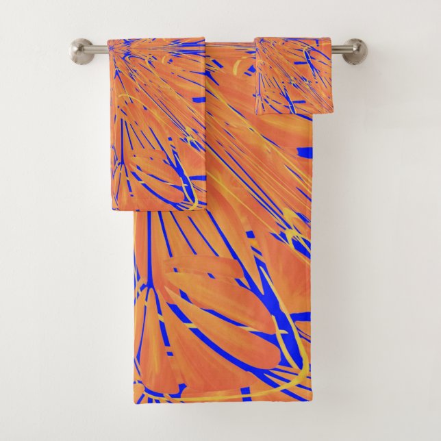 Royal Blue And Citrus Orange Tropical Art Design Bath Towel Set (Insitu)