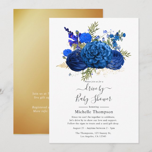 Royal Blue and Faux Foil Gold Drive By Shower Invitation (Front/Back)