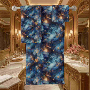Royal Blue and Gold Alcohol Ink Marble Bath Towel Set