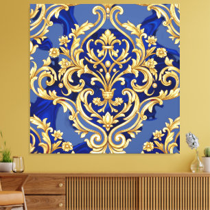 Royal Blue and Gold Baroque Damask Pattern Canvas Print