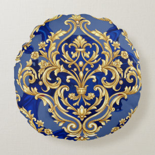 Royal Blue and Gold Baroque Damask Pattern Round Pillow
