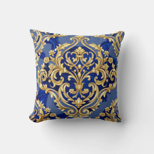 Royal Blue and Gold Baroque Damask Pattern Throw Pillow