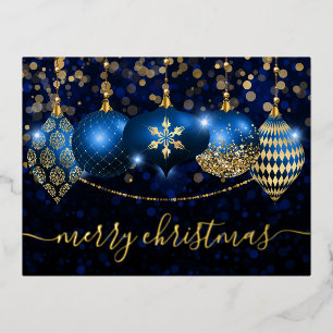 Royal Blue and Gold Baubles Christmas Foil Holiday Postcard