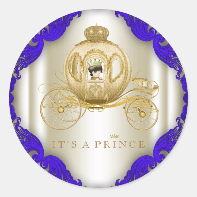 Royal Blue and Gold Carriage Prince Baby Shower Classic Round Sticker (Front)