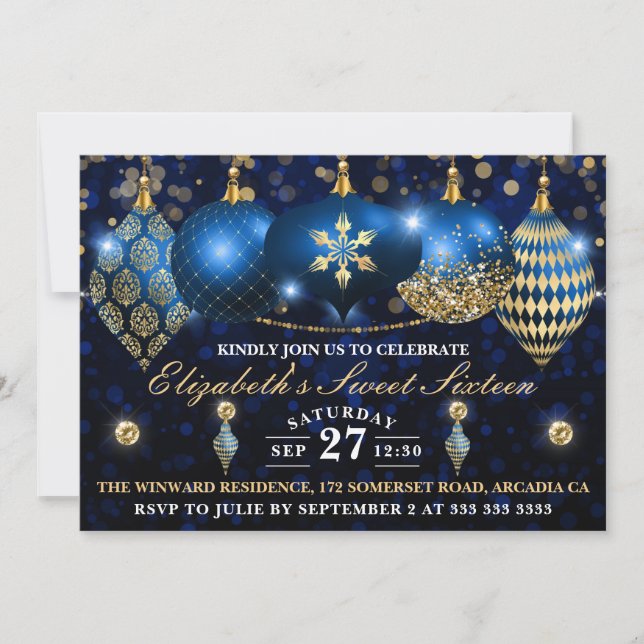 Royal Blue and Gold Christmas Baubles Sweet 16 Invitation (Front)