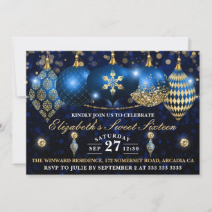 Royal Blue and Gold Christmas Baubles Sweet 16 Invitation