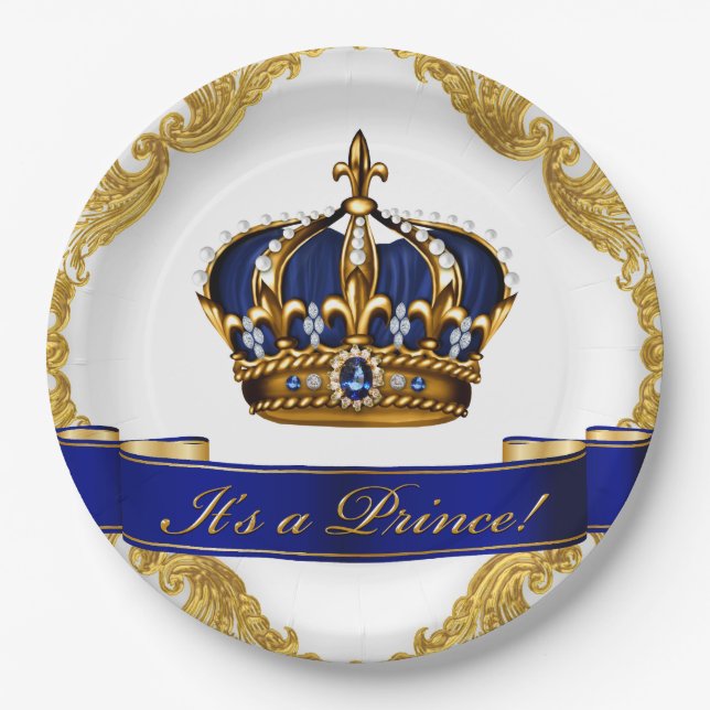 Royal Blue and Gold Crown Prince Baby Shower Paper Plate (Front)