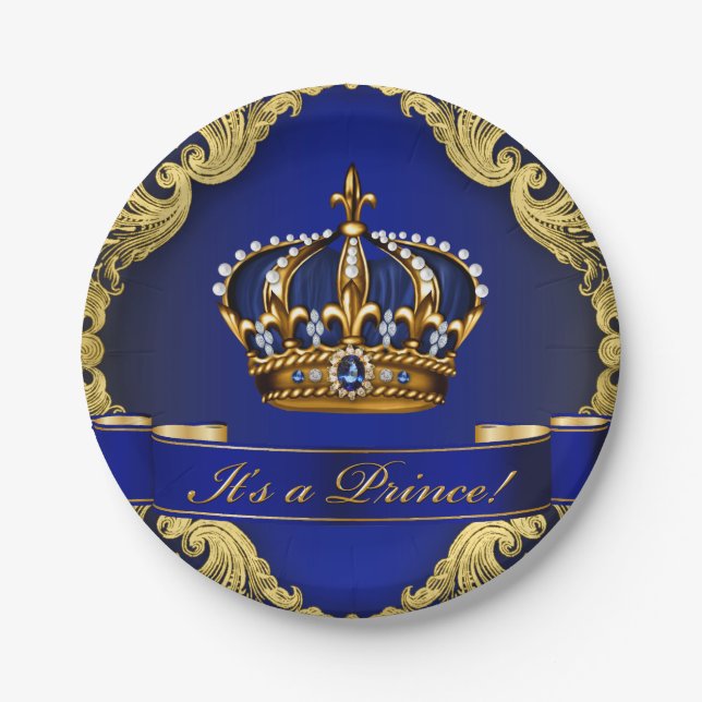 Royal Blue and Gold Crown Prince Baby Shower Paper Plate (Front)