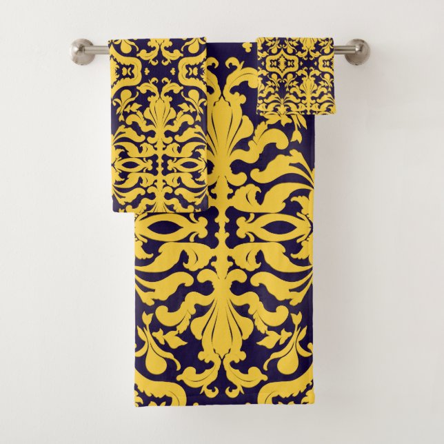 Royal Blue and Gold Damask Bath Towel Set (Insitu)