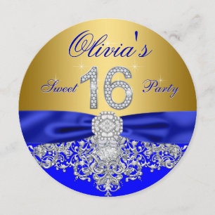 Royal Blue and Gold Diamond Sweet 16 Party Invitation