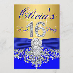 Royal Blue and Gold Diamond Sweet 16 Party Invitation