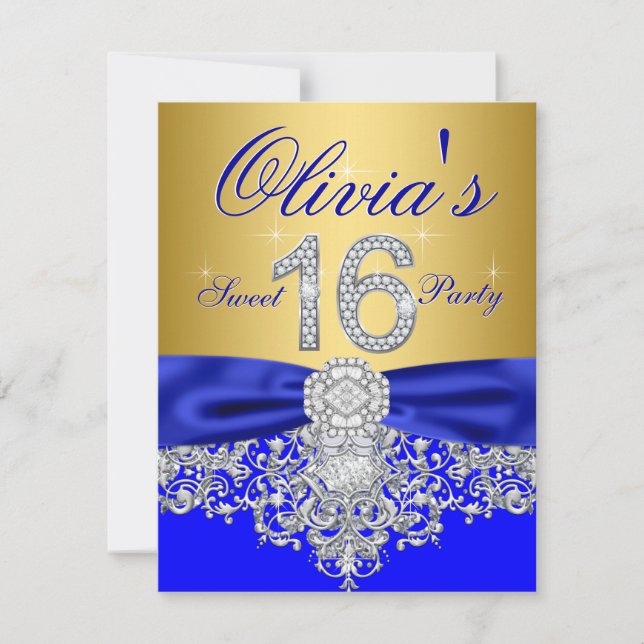 Royal Blue and Gold Diamond Sweet 16 Party Invitation (Front)