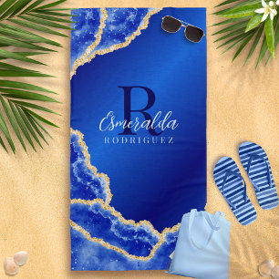 Royal Blue and Gold Elegant Agate Monogrammed Beach Towel