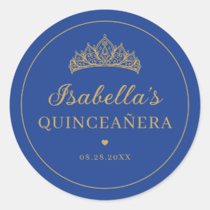 Royal Blue and Gold Elegant Tiara Quinceañera Classic Round Sticker