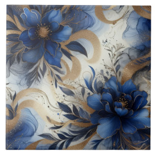 Royal Blue and Gold Floral Alcohol Ink Tile