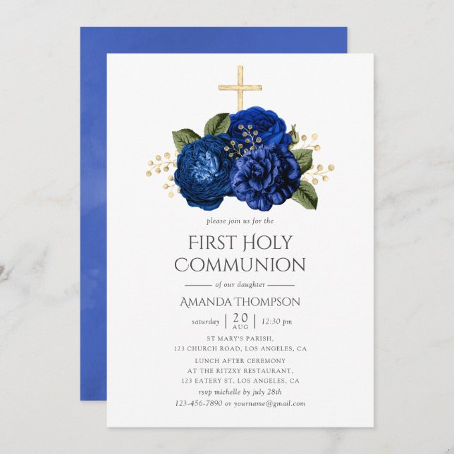 Royal Blue and Gold Floral First Holy Communion Invitation (Front/Back)