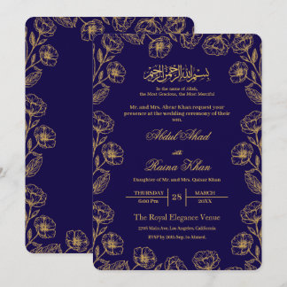  Royal Blue and Gold Floral Islamic Muslim Wedding Invitation