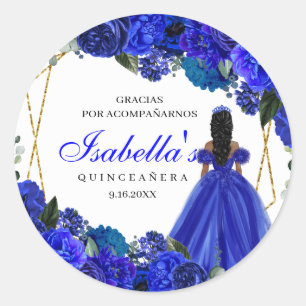 Royal Blue and Gold Floral Quinceanera Classic Rou Round Sticker