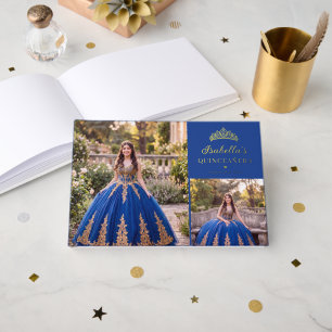Royal Blue and Gold Floral Quinceañera Guest Book