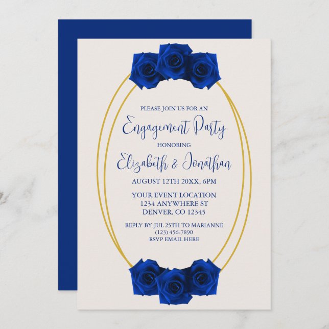 Royal Blue and Gold Geometric Engagement Party Invitation (Front/Back)