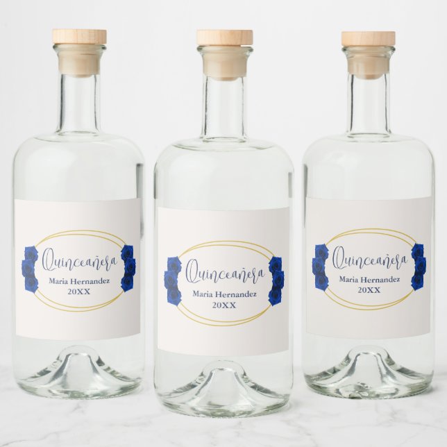 Royal Blue and Gold Geometric Quinceañera Liquor Bottle Label (Bottles)