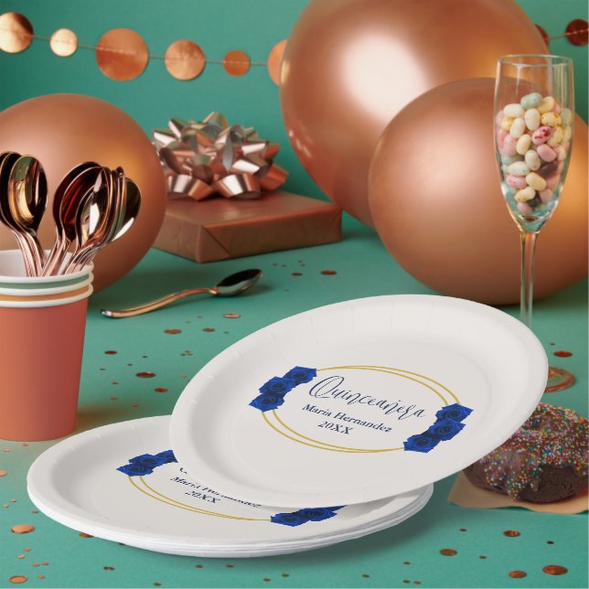 Royal Blue and Gold Geometric Quinceañera Paper Plate (Multi)